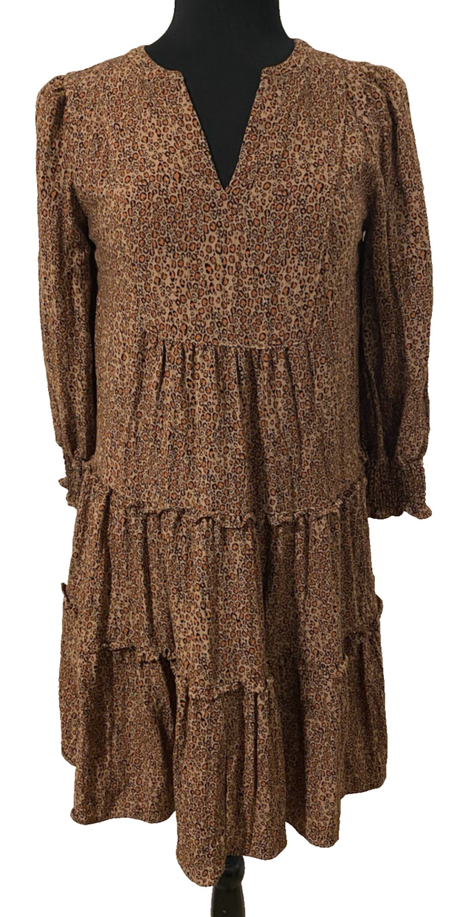 G by Guilana Brown Animal Print Ruffled Dress Size XS Knee Length Puff Sleeves